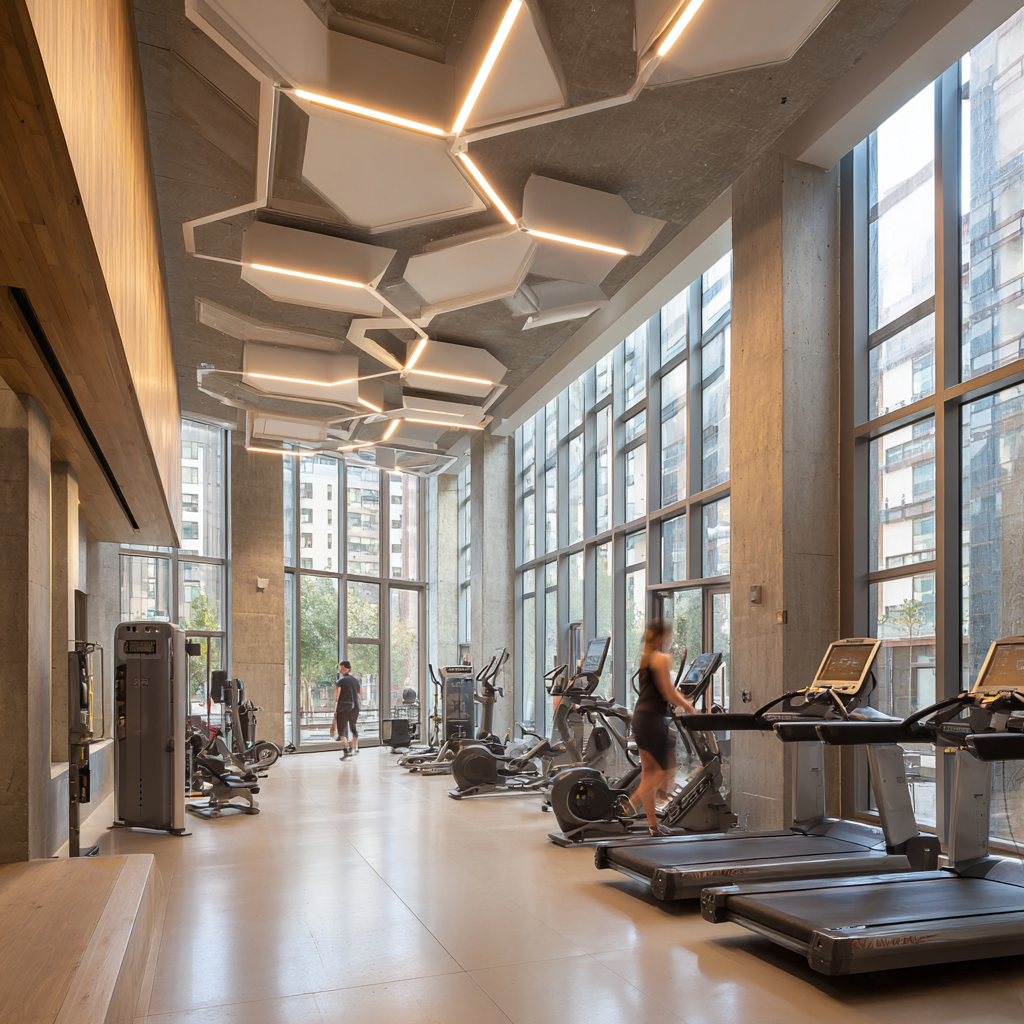 Modern fitness center with people exercising in bright space